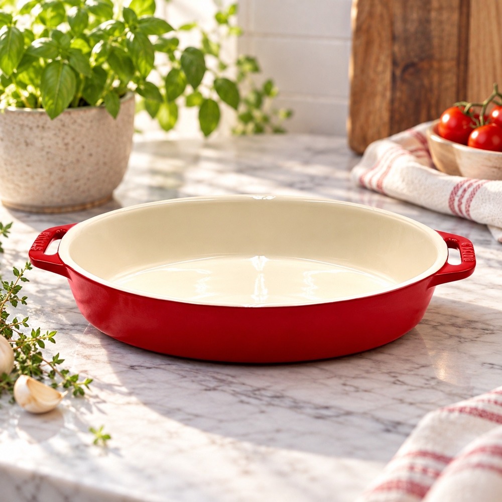 STAUB 9" Oval Baking Dish Cherry Red Ceramic Stoneware Casserole Baker Holiday